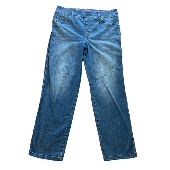 Spanx Womens Pull On Jeans Sz 1X Blue Straight Leg High Rise Stretch Waist - Picture 1 of 8